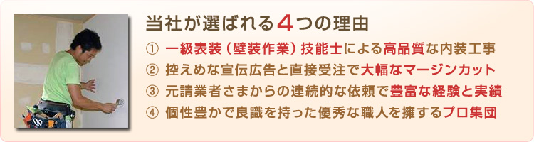 当社が選ばれる4つの理由／1.一級表装（壁装作業）技能士による高品質な内装工事／2.控えめな宣伝広告と直接受注で大幅なマージンカット／3.元請業者さまからの連続的な依頼で豊富な経験と実績／4.個性豊かで良識を持った優秀な職人を擁するプロ集団